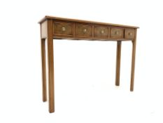 20th century walnut side table, cross banded top with herringbone inlay, five frieze drawers,