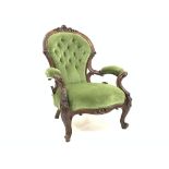 Victorian walnut framed salon open armchair, leaf carved cresting rail, swept scrolled arms,