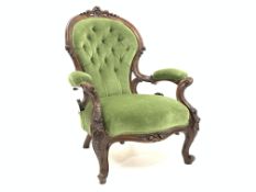 Victorian walnut framed salon open armchair, leaf carved cresting rail, swept scrolled arms,