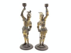 Pair of gilded spelter Knight candlesticks on circular bases H37cm Condition Report &