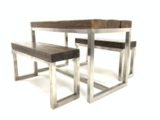 20th century industrial style table, with oak sleeper top raised on stainless steel base,