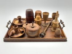 Oak two handled tray, olive wood scent bottle, treen glass holder,