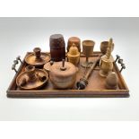 Oak two handled tray, olive wood scent bottle, treen glass holder,