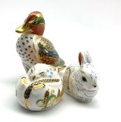 Royal Crown Derby 'Green Winged Teal', 'Bunny' and 'Dormouse' paperweights,