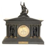 Victorian slate architectural mantel clock, with cast metal model of Britannia on stepped base,
