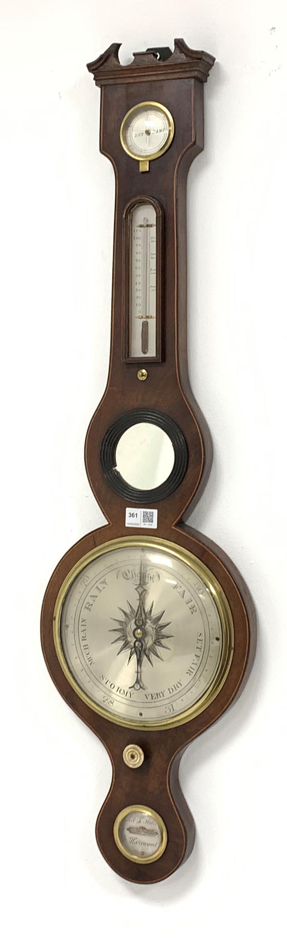 19th century mahogany cased barometer, broken arch pediment,