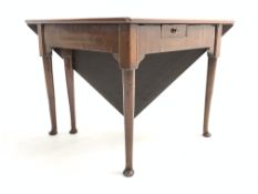 George III mahogany drop leaf side table, triangle top above box frieze with single drawer,
