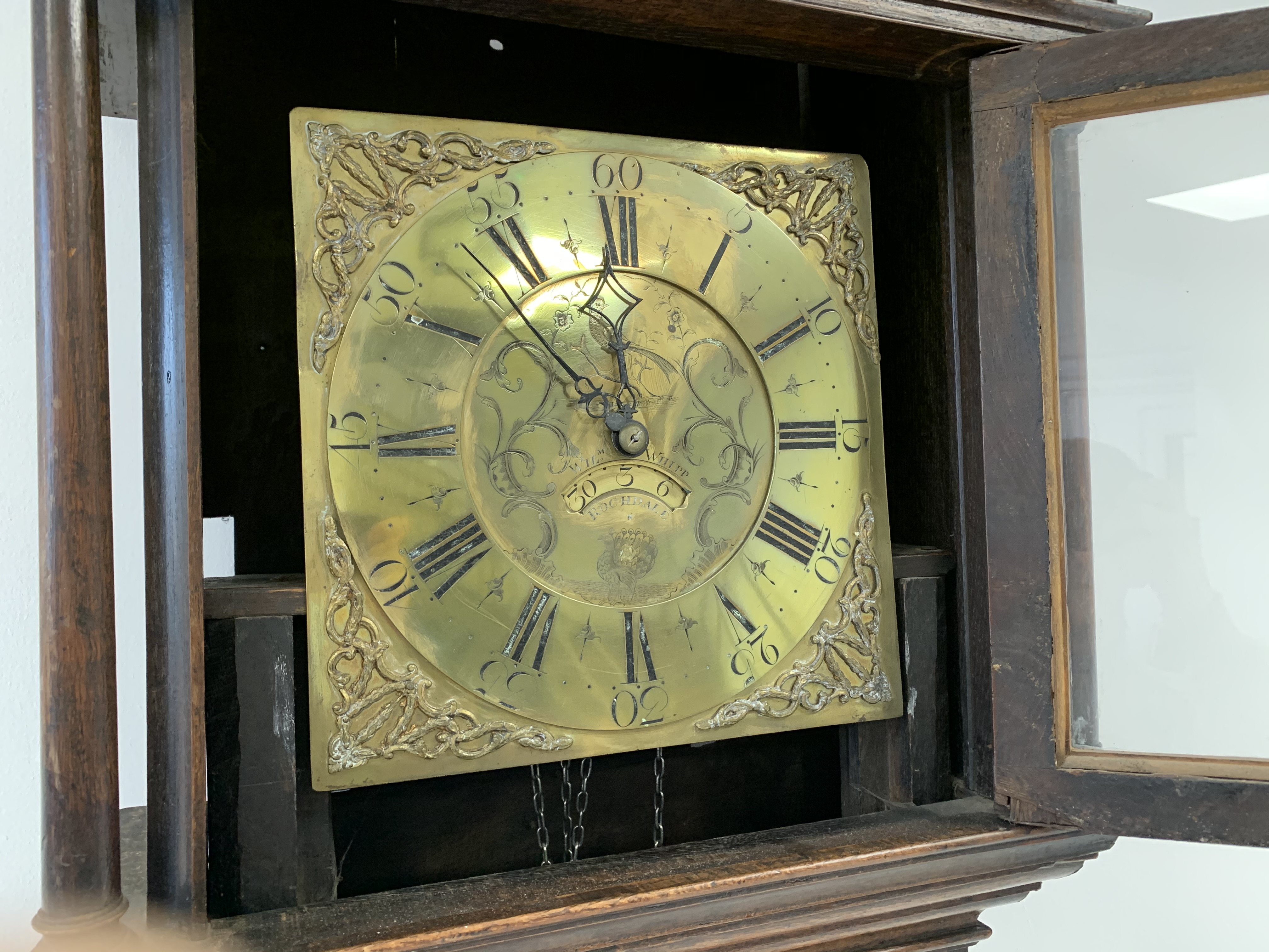 George III oak longcase clock, plain frieze with moulded detail above two plain tapered pilasters, - Image 5 of 8