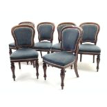 Set six Victorian mahogany dining chairs, shaped moulded back, upholstered in blue patterned fabric,