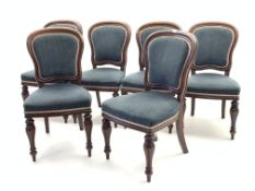 Set six Victorian mahogany dining chairs, shaped moulded back, upholstered in blue patterned fabric,