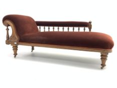 Victorian Walnut Chaise Longue, with scroll and floral carved decoration, spindle back,