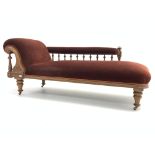 Victorian Walnut Chaise Longue, with scroll and floral carved decoration, spindle back,