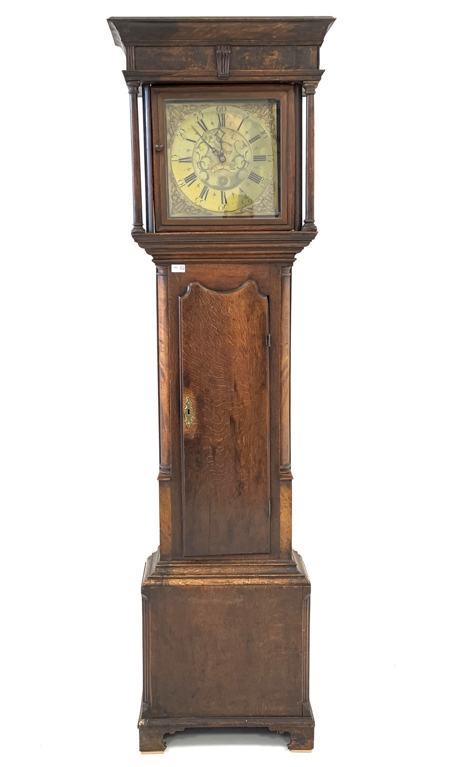 George III oak longcase clock, plain frieze with moulded detail above two plain tapered pilasters,