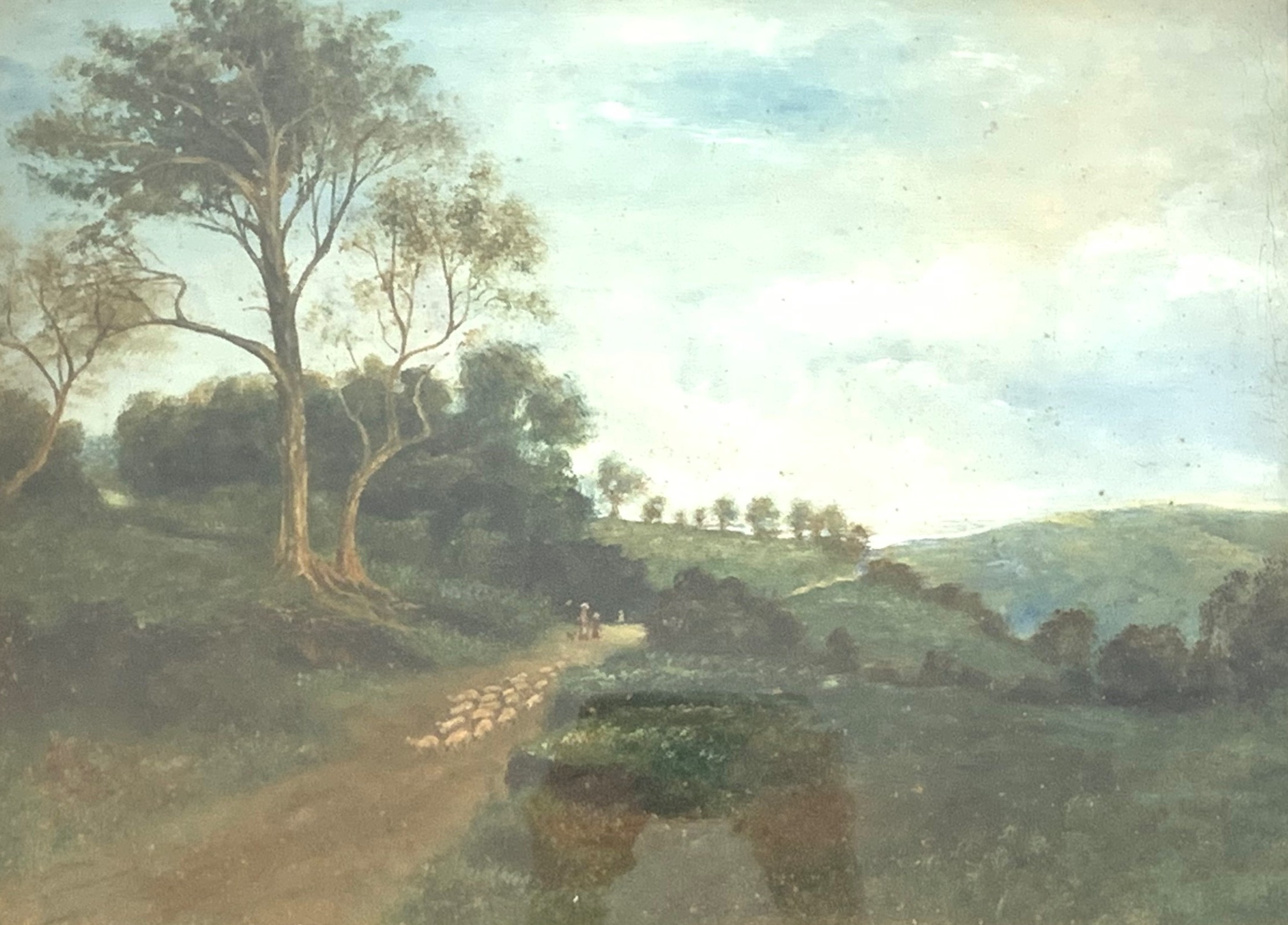 19th/20th century (English School): Herding sheep landscape, oil on canvas, signed in pencil,