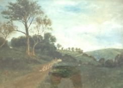 19th/20th century (English School): Herding sheep landscape, oil on canvas, signed in pencil,