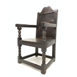 18th century oak wainscot chair, shaped cresting rail above panelled back and seat,