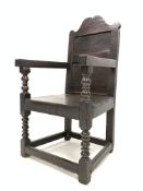 18th century oak wainscot chair, shaped cresting rail above panelled back and seat,