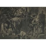 Unsigned monochrome watercolour of an 18th Century scene 24cm x 33cm