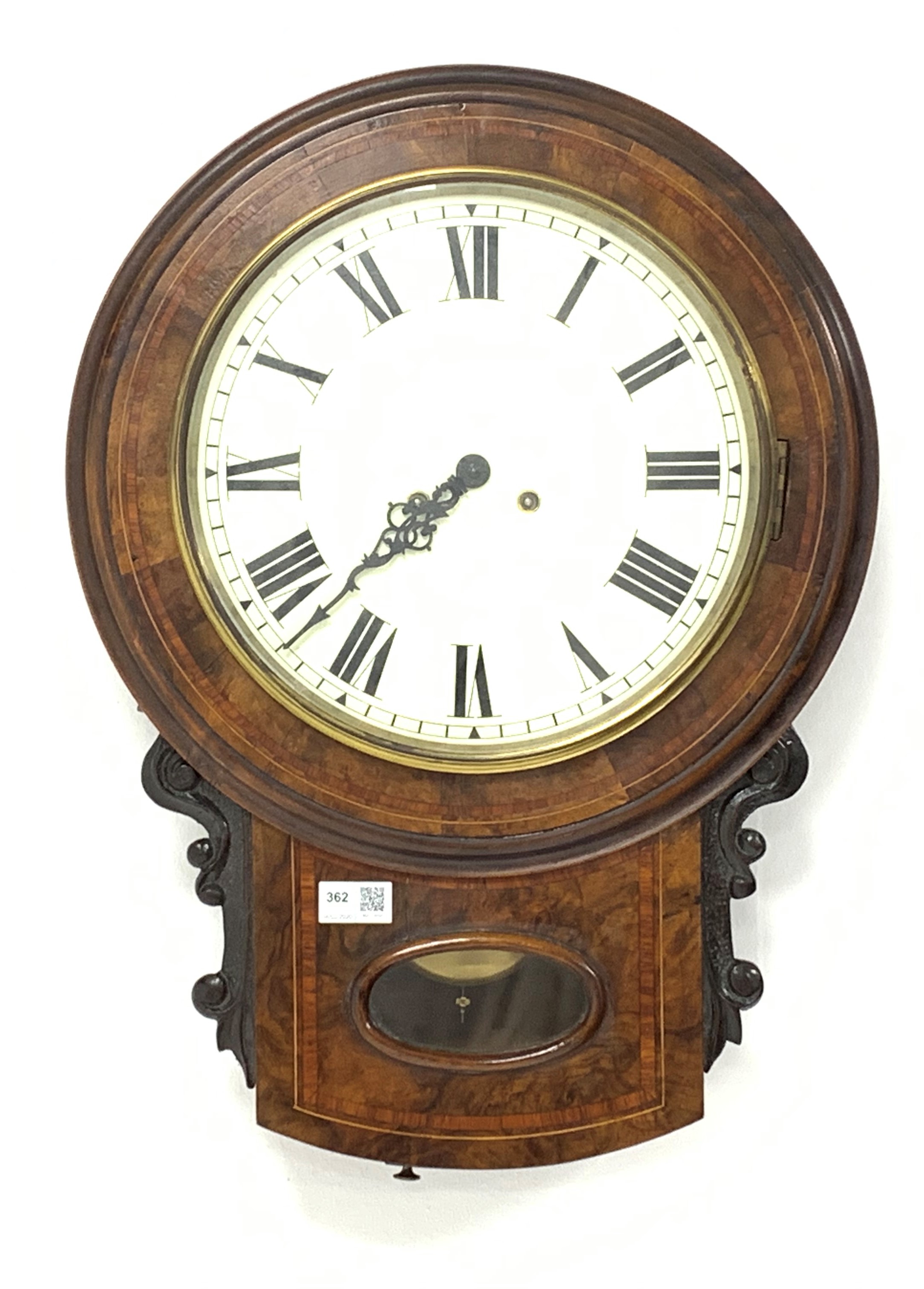 Victorian walnut cased drop dial wall clock, with boxwood stringing and mahogany banding, - Image 3 of 3