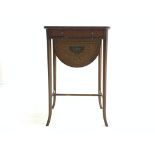 Late Victorian satinwood work table, painted oval panel of classical figures,
