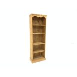 20th century pine open bookcase with two fixed and two adjustable shelves, plinth base, W60cm,