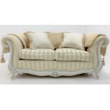 French style two seat sofa, arched back, scrolled arms, squab cushions,