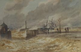 John Syer Junior (British 1846 - 1913) "Brig entering Whitby Harbour in a heavy sea" watercolour,