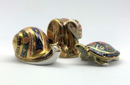 Royal Crown Derby 'Garden Snail', 'Terrapin' and 'Snake' paperweights,