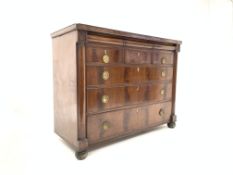 Early Victorian mahogany chest, with cross banded top, cushion fronted frieze drawer,