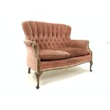 Edwardian walnut framed two seat high back sofa, upholstered in deep buttoned velvet,