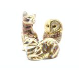 Royal Crown Derby 'Cat', 'Contented Cat' and 'Barn Owl' paperweights,