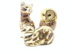 Royal Crown Derby 'Cat', 'Contented Cat' and 'Barn Owl' paperweights,