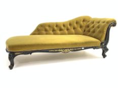 Victorian Chaise Longue, upholstered in deep buttoned green velvet,