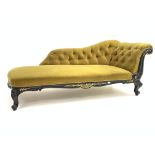 Victorian Chaise Longue, upholstered in deep buttoned green velvet,