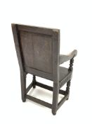 Early 18th century oak wainscot chair, moulded cresting rail above lozenge carved panelled back,