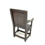 Early 18th century oak wainscot chair, moulded cresting rail above lozenge carved panelled back,