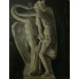 Unsigned oil on panel 'Leda and the Swan' 24cm x 19cm and a circular oil on panel possibly Icarus