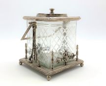 Square glass biscuit barrel in plated frame with swing handle H18cm Condition Report &