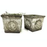 Pair of square tapering composite stone planters,
