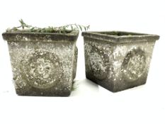 Pair of square tapering composite stone planters,