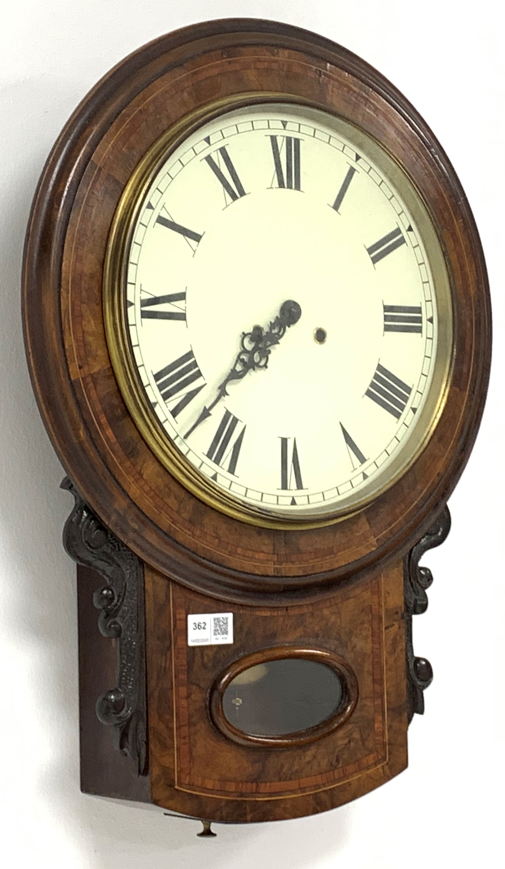 Victorian walnut cased drop dial wall clock, with boxwood stringing and mahogany banding,