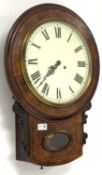 Victorian walnut cased drop dial wall clock, with boxwood stringing and mahogany banding,