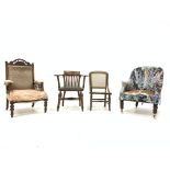 Victorian spoon back upholstered armchair on turned front supports (W74cm) and an Edwardian