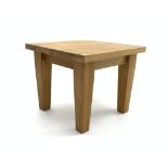 Modern solid light oak side lamp table, square top, raised on square tapering supports, 60cm x 60cm,