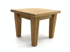 Modern solid light oak side lamp table, square top, raised on square tapering supports, 60cm x 60cm,