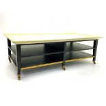 20th century Chinese style coffee table, white tray top above ebonised two tier base,