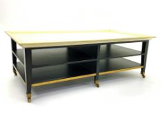 20th century Chinese style coffee table, white tray top above ebonised two tier base,