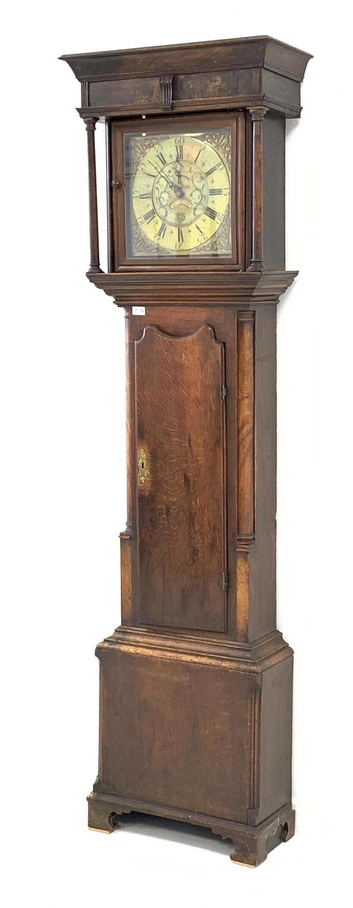 George III oak longcase clock, plain frieze with moulded detail above two plain tapered pilasters, - Image 2 of 8