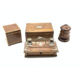 Square rosewood tea caddy, W13cm, oak inkstand with glass box inkwells and single drawer, W26cm,
