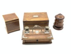 Square rosewood tea caddy, W13cm, oak inkstand with glass box inkwells and single drawer, W26cm,